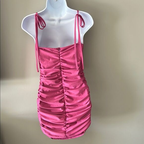 SHEIN Women's Pink Adj. Spaghetti Strap Back Zip Ruched Mini Dress Size Medium - Picture 3 of 11